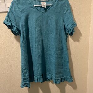 Teal V-Neck Ruffle Sleeve Top linen